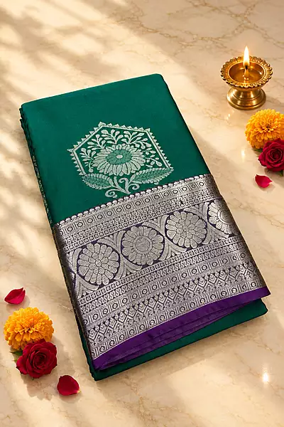 A rich emerald green silk saree featuring elegant silver zari floral motifs beautifully placed across the body.