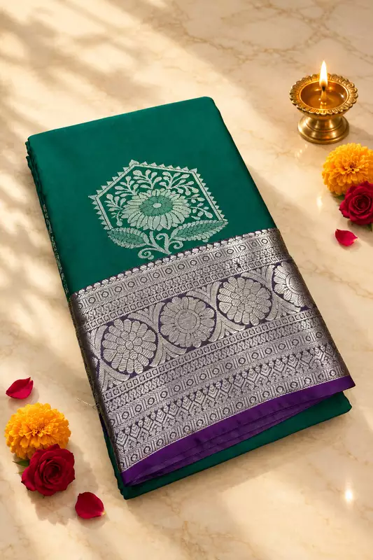 A rich emerald green silk saree featuring elegant silver zari floral motifs beautifully placed across the body.
