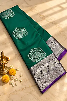 A rich emerald green silk saree featuring elegant silver zari floral motifs beautifully placed across the body.