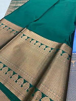 A graceful powder blue silk saree featuring elegant antique-gold paisley motifs scattered across the body.