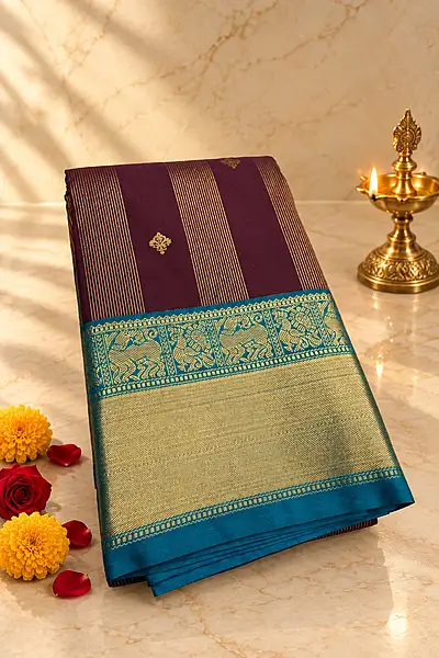 A rich deep wine silk saree featuring elegant vertical gold zari stripe detailing