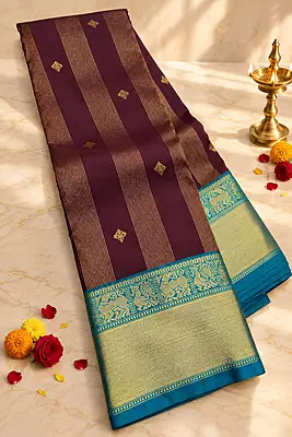 A rich deep wine silk saree featuring elegant vertical gold zari stripe detailing