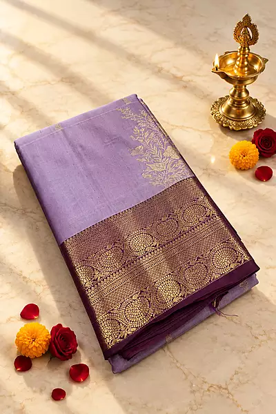 A graceful lavender silk saree with an elegant wine contrast border