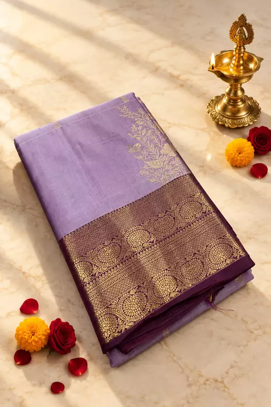 A graceful lavender silk saree with an elegant wine contrast border