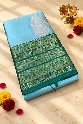 A refreshing sky blue silk saree beautifully paired with a rich teal green contrast border.