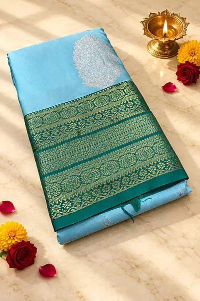 A refreshing sky blue silk saree beautifully paired with a rich teal green contrast border.