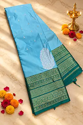 A refreshing sky blue silk saree beautifully paired with a rich teal green contrast border.