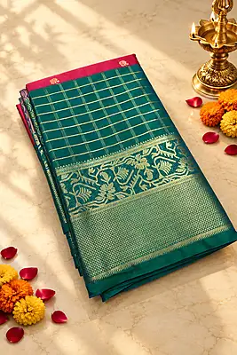 A beautiful rose pink silk saree enhanced with delicate gold zari buttas scattered across the body.