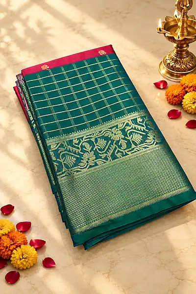 A beautiful rose pink silk saree enhanced with delicate gold zari buttas scattered across the body.