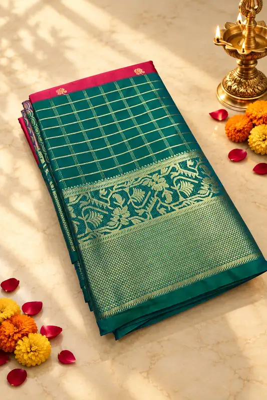 A beautiful rose pink silk saree enhanced with delicate gold zari buttas scattered across the body.