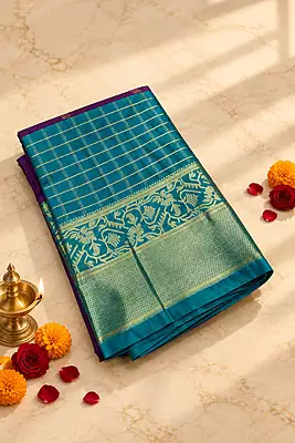 A gorgeous deep purple silk saree featuring delicate gold zari buttas scattered elegantly across the body.