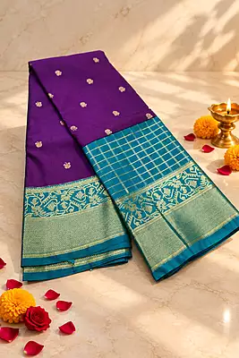 A gorgeous deep purple silk saree featuring delicate gold zari buttas scattered elegantly across the body.