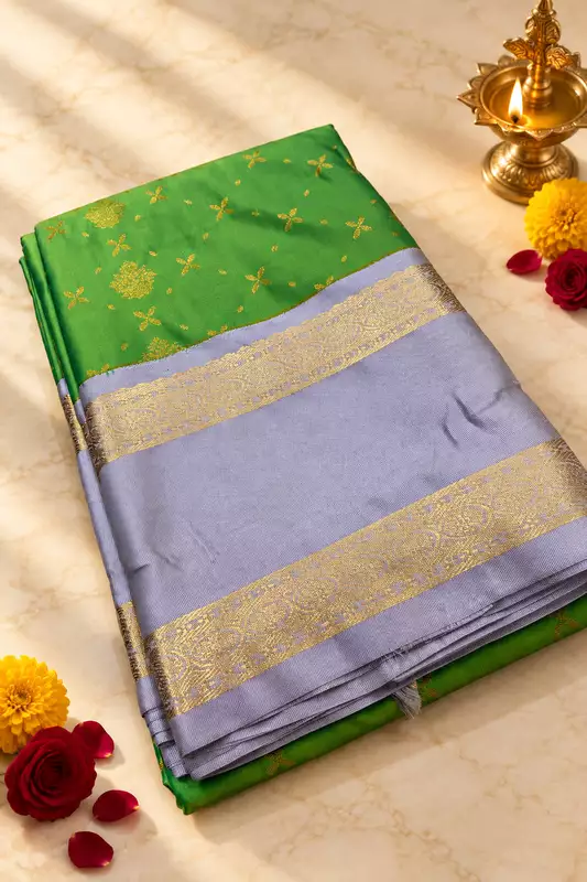 A graceful pistachio green silk saree adorned with delicate gold zari floral and butta motifs scattered beautifully across the body