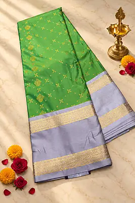 A graceful pistachio green silk saree adorned with delicate gold zari floral and butta motifs scattered beautifully across the body