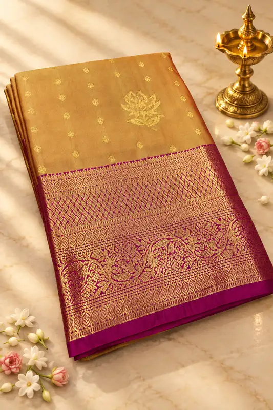 A luxurious peach-gold silk saree with a beautiful lustrous finish, adorned with delicate gold zari buttas and elegant floral motifs