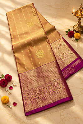 A luxurious peach-gold silk saree with a beautiful lustrous finish, adorned with delicate gold zari buttas and elegant floral motifs