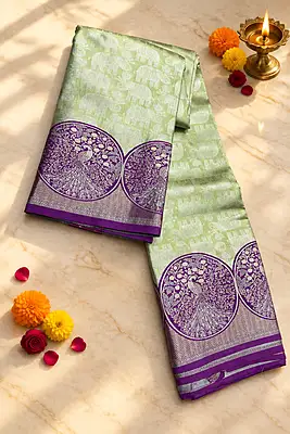 A beautiful pastel green silk saree featuring delicate silver zari elephant motifs across the body.