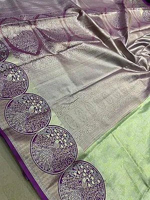 A beautiful pastel green silk saree featuring delicate silver zari elephant motifs across the body.