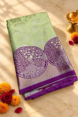 A beautiful pastel green silk saree featuring delicate silver zari elephant motifs across the body.