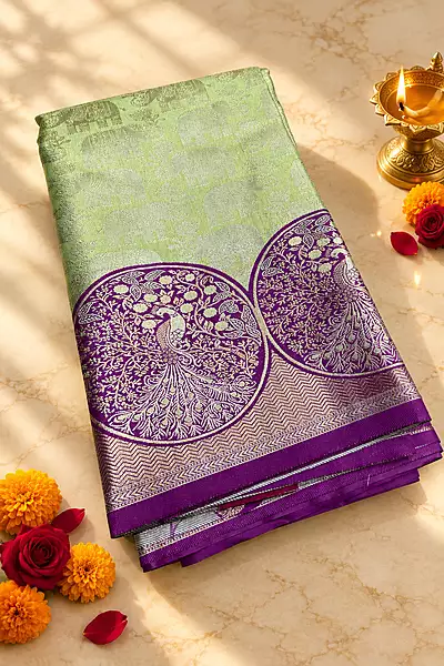 A beautiful pastel green silk saree featuring delicate silver zari elephant motifs across the body.