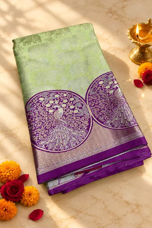 A beautiful pastel green silk saree featuring delicate silver zari elephant motifs across the body.