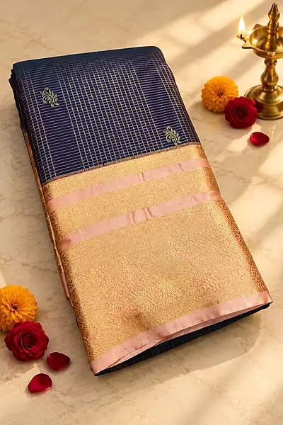A sophisticated deep navy blue silk saree adorned with fine gold zari checks and traditional motifs.