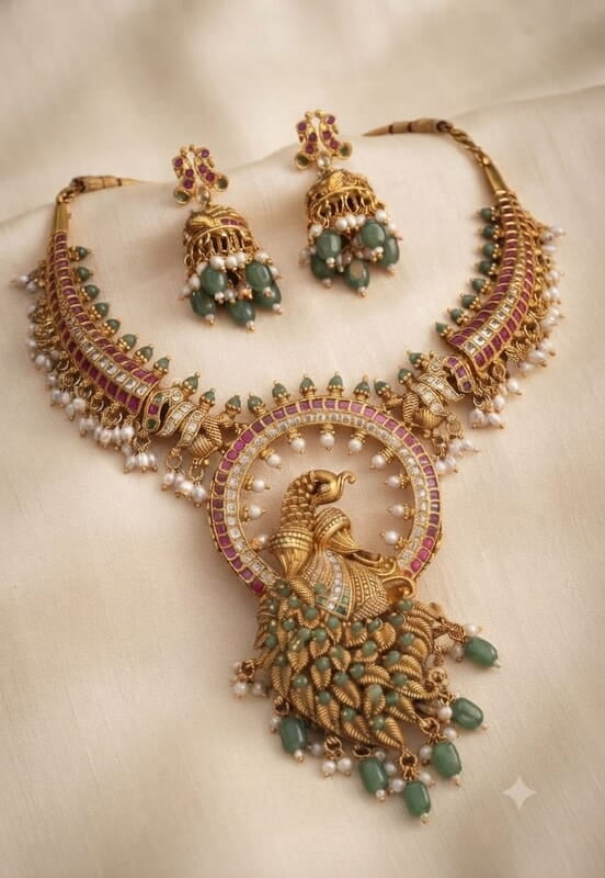 Kempu stone peacocks design necklace ?
