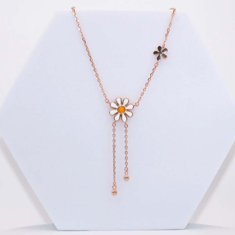 92.50 rose gold flower pendent with two hanging balls chain