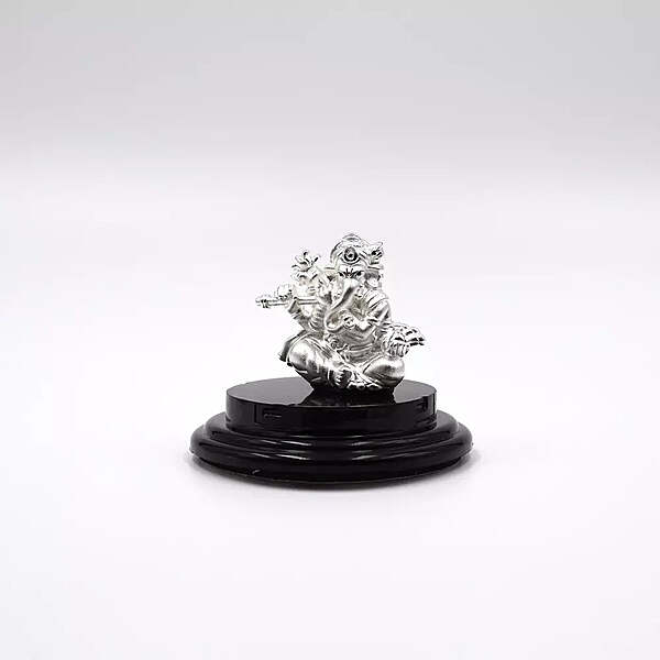 999 Pure Silver Lord Ganesha with Flute Statue: Auspicious Pooja and Gift Item and Car Dashboard