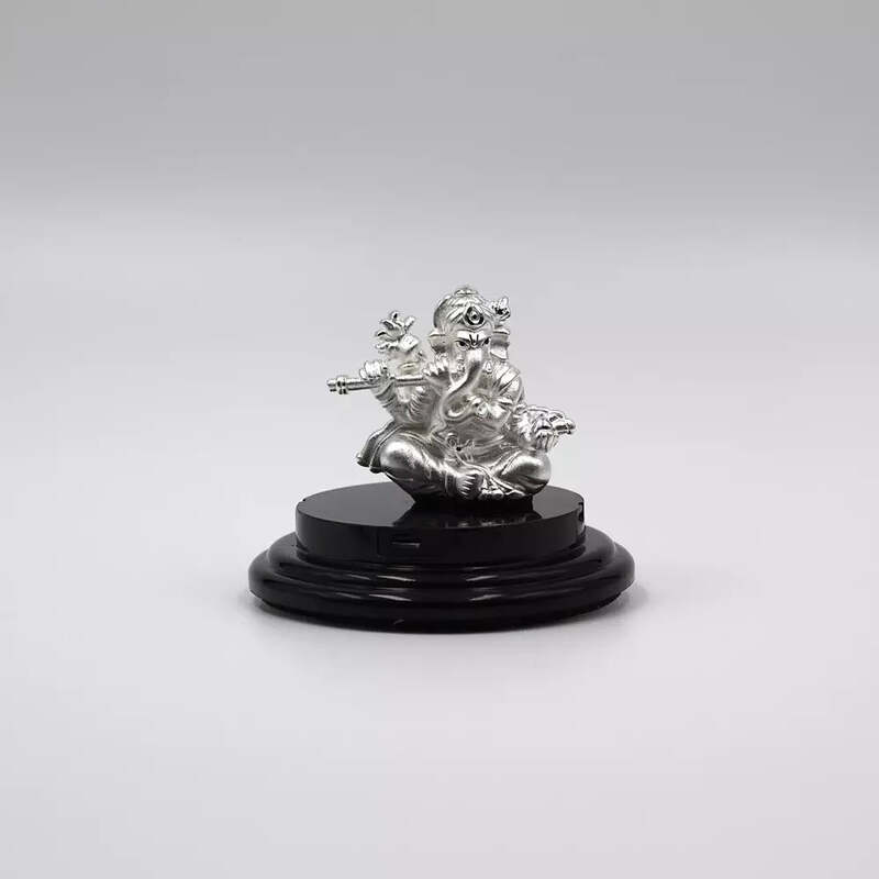 999 Pure Silver Lord Ganesha with Flute Statue: Auspicious Pooja and Gift Item and Car Dashboard