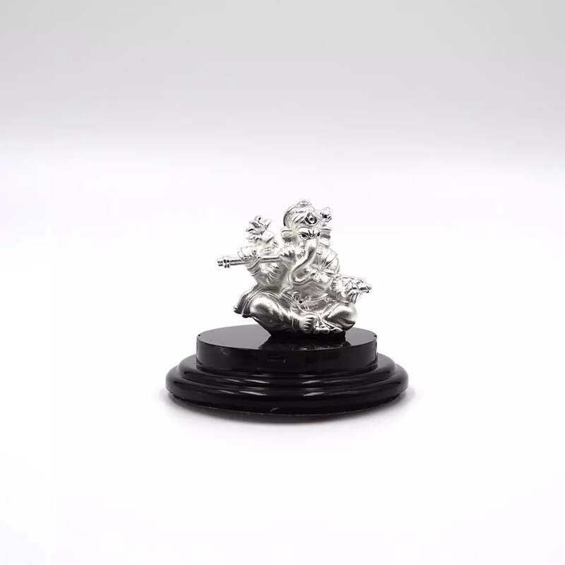 999 Pure Silver Lord Ganesha with Flute Statue: Auspicious Pooja and Gift Item and Car Dashboard