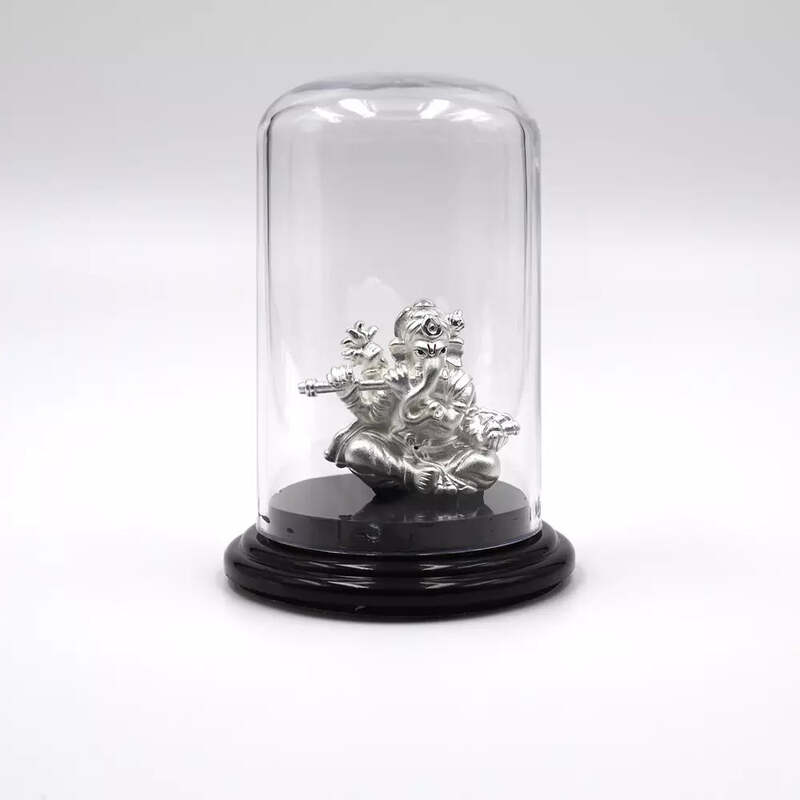 999 Pure Silver Lord Ganesha with Flute Statue: Auspicious Pooja and Gift Item and Car Dashboard