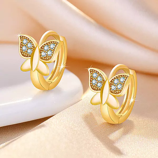 GOLD PLATED AMERICAN DIAMOND STUDDED BUTTERFLY SHAPE KOREAN HOOP EARRINGS