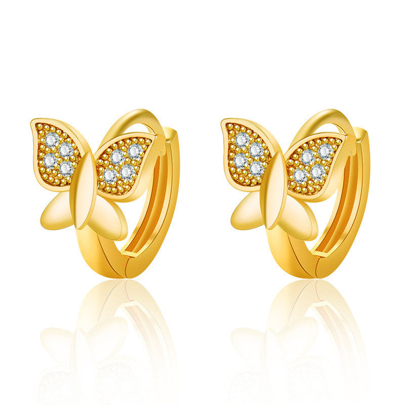 GOLD PLATED AMERICAN DIAMOND STUDDED BUTTERFLY SHAPE KOREAN HOOP EARRINGS