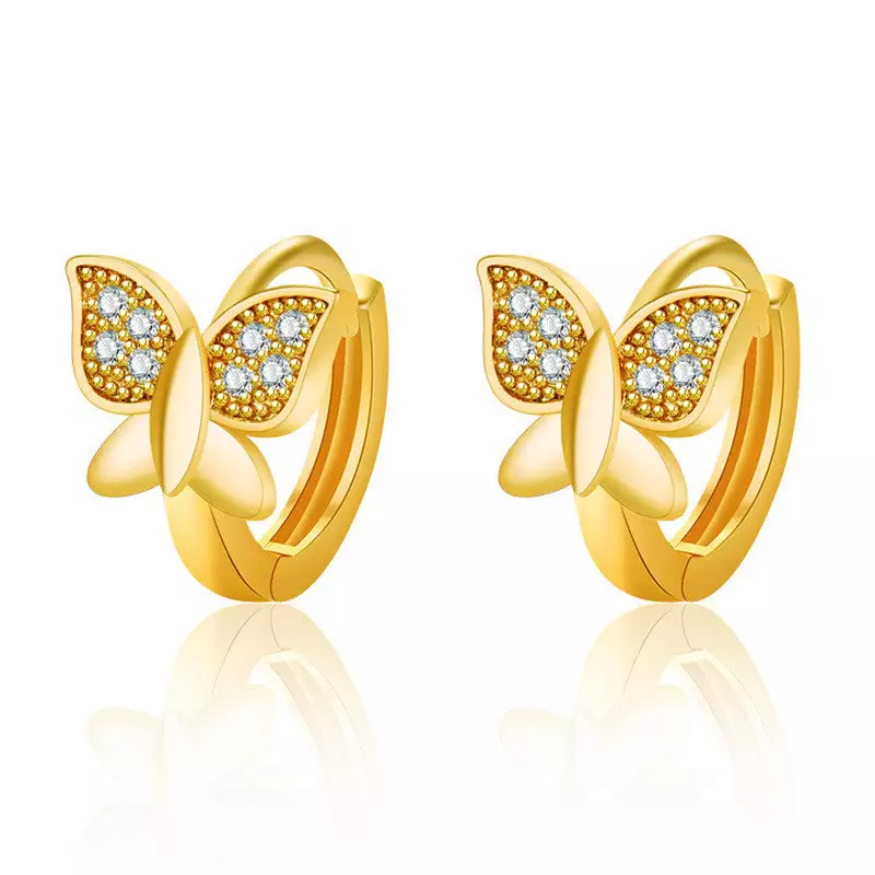 GOLD PLATED AMERICAN DIAMOND STUDDED BUTTERFLY SHAPE KOREAN HOOP EARRINGS