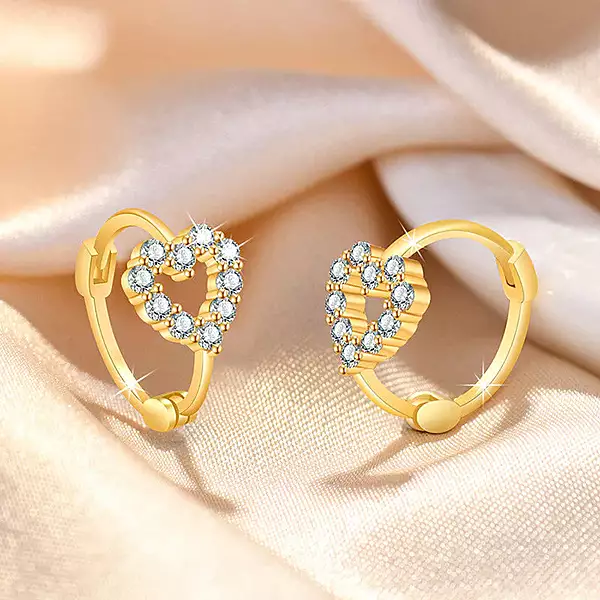 GOLD PLATED AMERICAN DIAMOND STUDDED HEART SHAPE HOOP EARRINGS