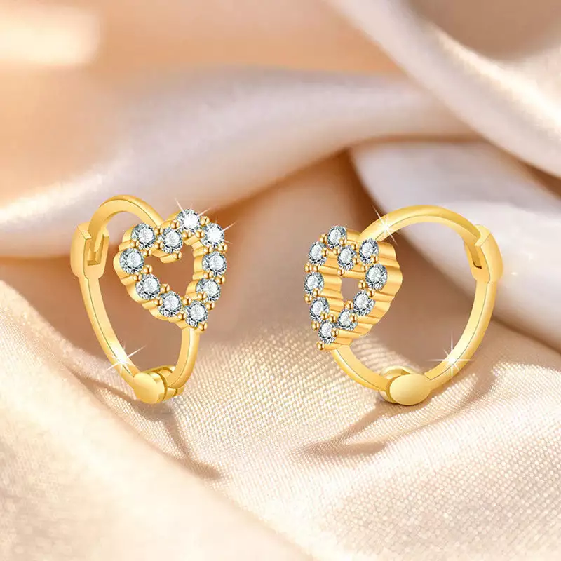 GOLD PLATED AMERICAN DIAMOND STUDDED HEART SHAPE HOOP EARRINGS
