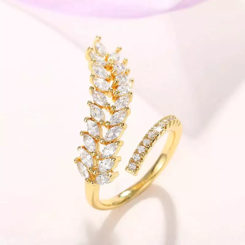 GOLD PLATED CZ STONE-STUDDED LEAF INSPIRED ADJUSTABLE FINGER RING