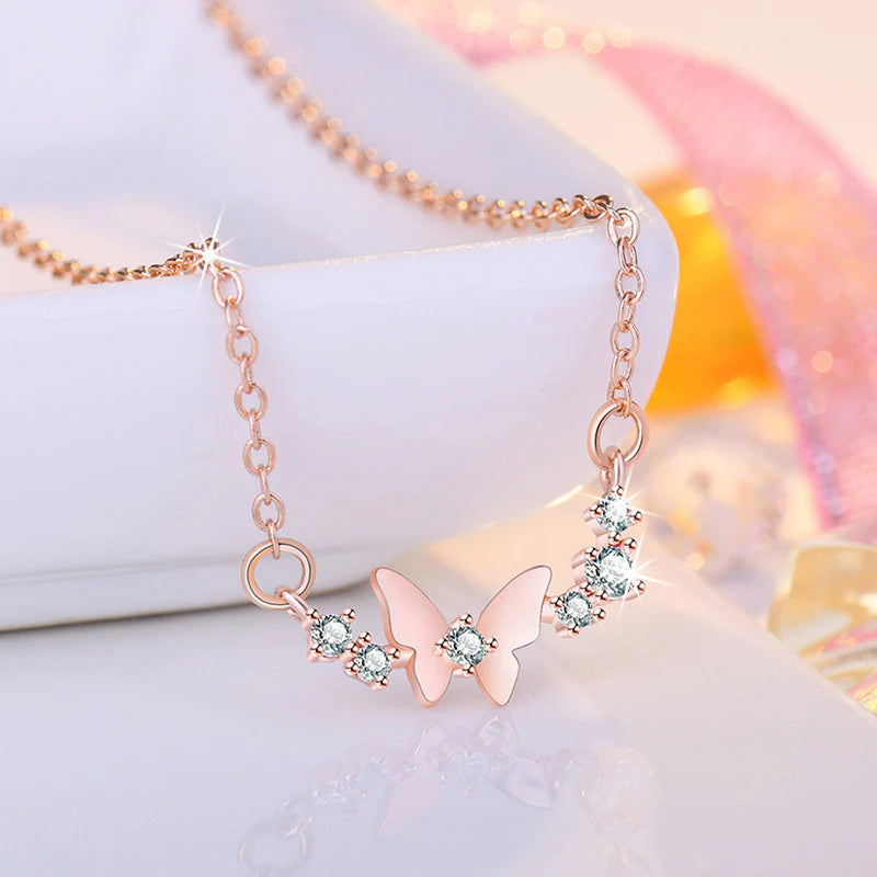 ROSE GOLD PLATED AMERICAN DIAMOND STUDDED BUTTERFLY THEMED CONTEMPORARY PENDANT