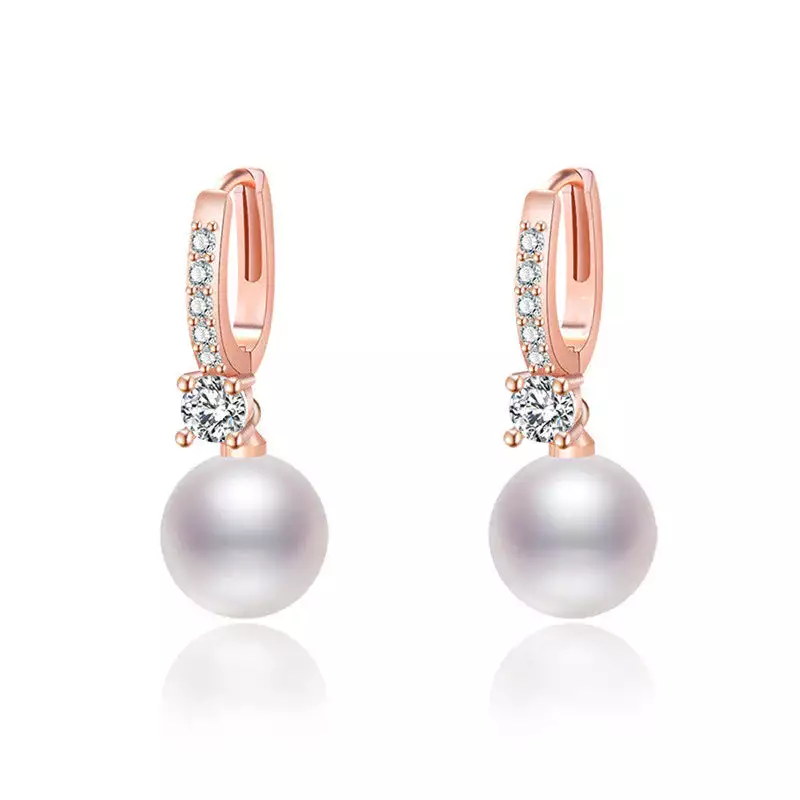 ROSE GOLD PLATED AMERICAN DIAMOND STUDDED CONTEMPORARY PEARL KOREAN DROP EARRINGS