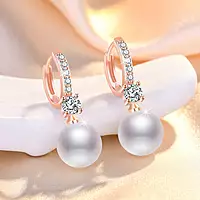 ROSE GOLD PLATED AMERICAN DIAMOND STUDDED CONTEMPORARY PEARL KOREAN DROP EARRINGS