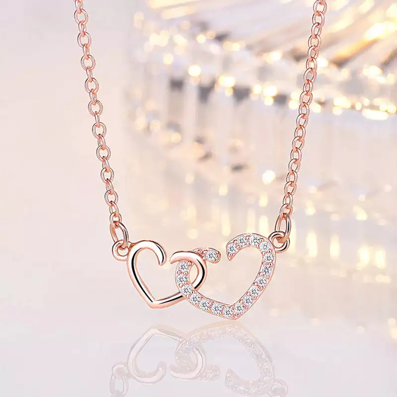 ROSE GOLD PLATED AMERICAN DIAMOND STUDDED DUAL HEART CONTEMPORARY KOREAN PENDANT