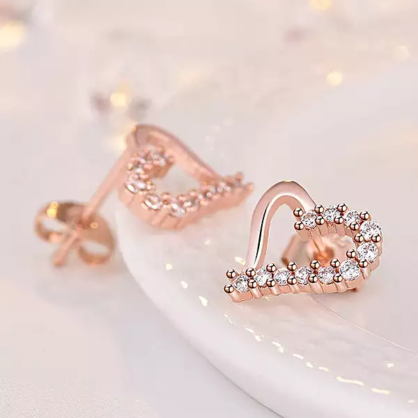 ROSE GOLD PLATED AMERICAN DIAMOND STUDDED HEART SHAPE KOREAN STUD EARRINGS