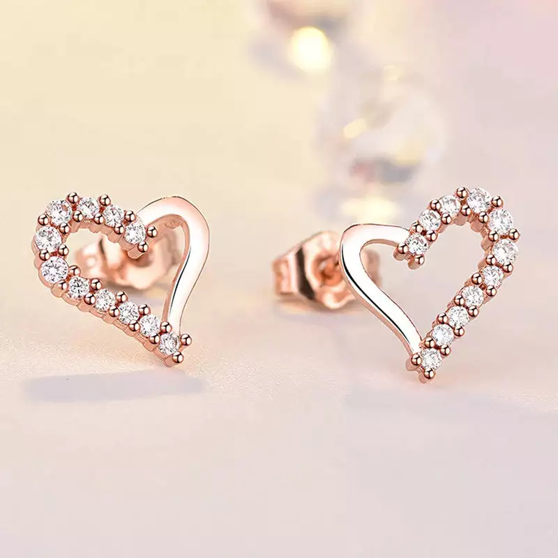 ROSE GOLD PLATED AMERICAN DIAMOND STUDDED HEART SHAPE KOREAN STUD EARRINGS