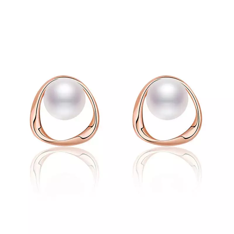 ROSE GOLD PLATED TRIANGLE SHAPED PEARL STUDDED KOREAN STUD EARRINGS
