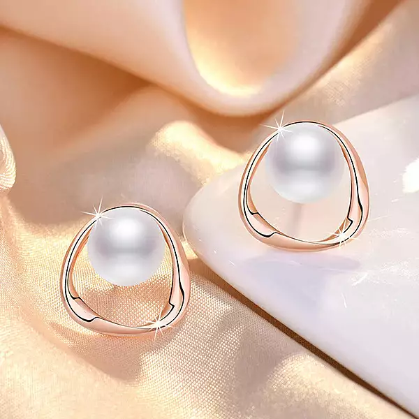 ROSE GOLD PLATED TRIANGLE SHAPED PEARL STUDDED KOREAN STUD EARRINGS