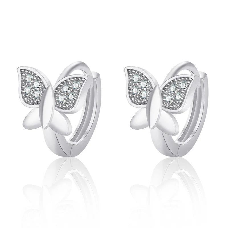 SILVER PLATED AMERICAN DIAMOND STUDDED BUTTERFLY SHAPE KOREAN HOOP EARRINGS&nbsp;