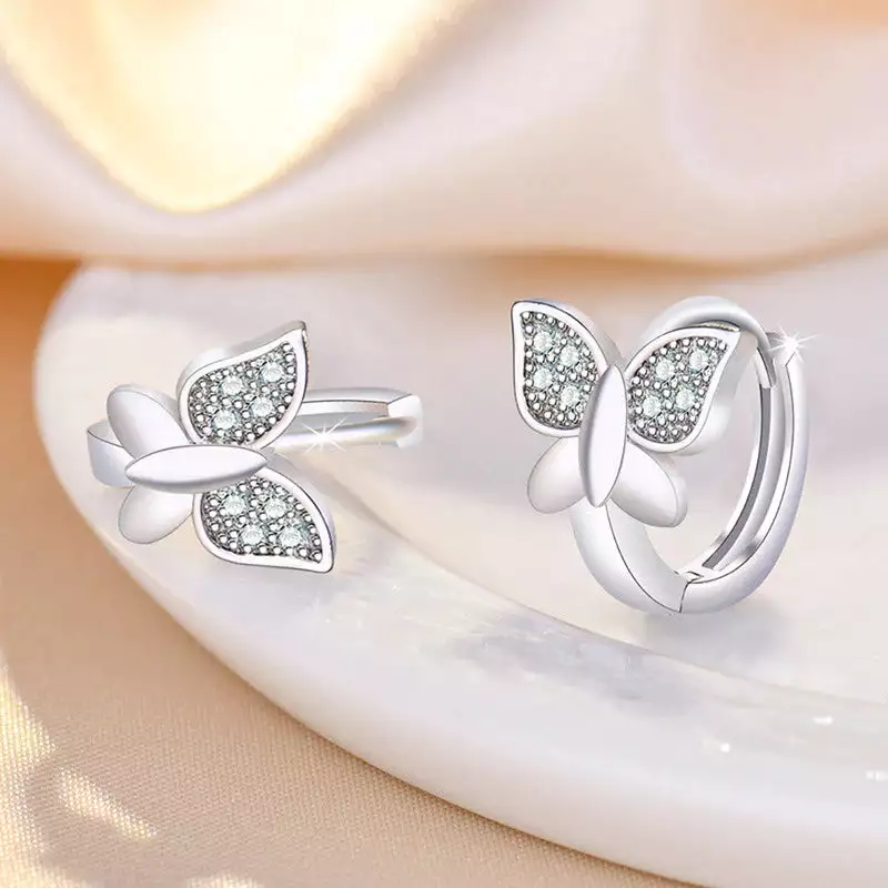 SILVER PLATED AMERICAN DIAMOND STUDDED BUTTERFLY SHAPE KOREAN HOOP EARRINGS&nbsp;