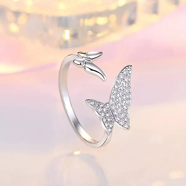 SILVER PLATED AMERICAN DIAMOND STUDDED BUTTERFLY SHAPE CONTEMPORARY KOREAN FINGER RING