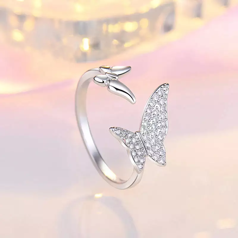 SILVER PLATED AMERICAN DIAMOND STUDDED BUTTERFLY SHAPE CONTEMPORARY KOREAN FINGER RING